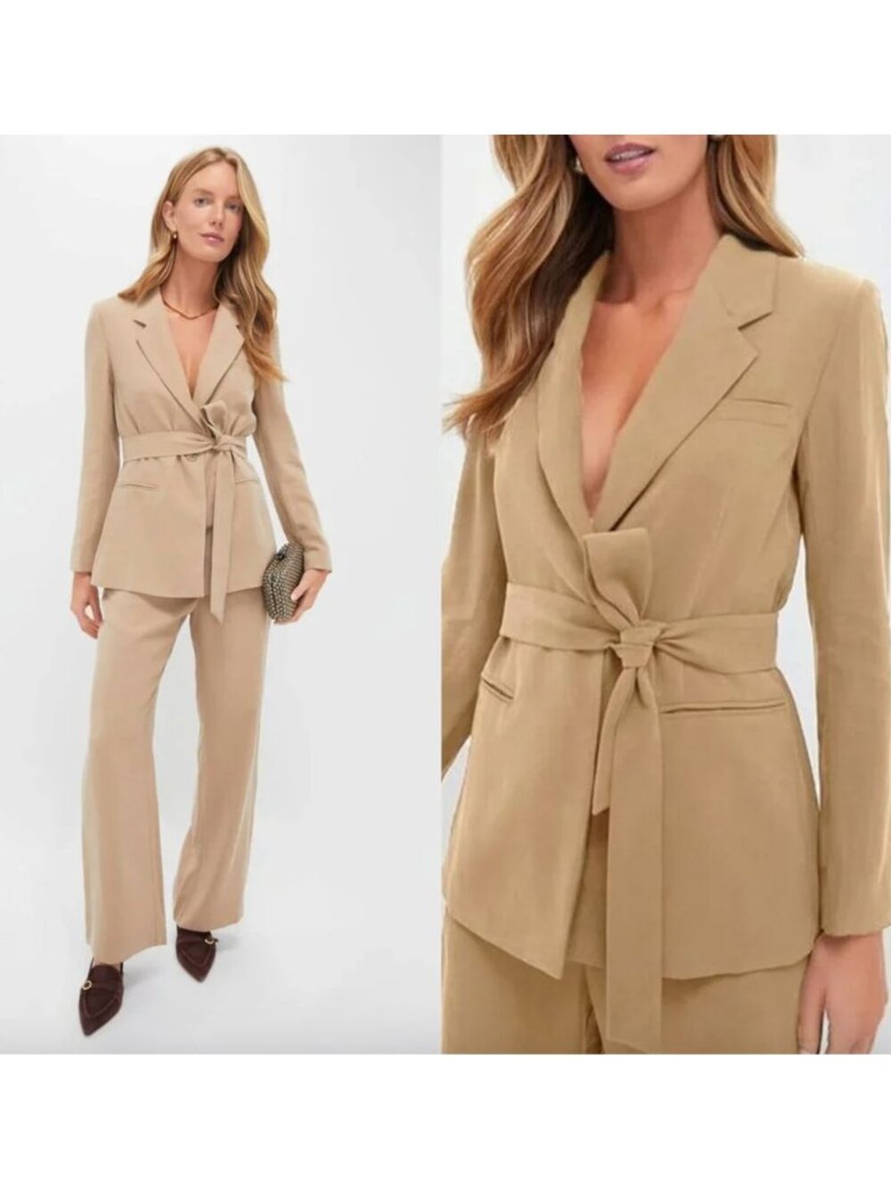 Tuckernuck Khaki Shea Blazer V Neck Wrap Belted Classic Jacket Size L NWT